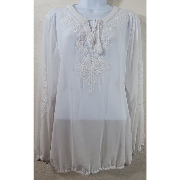 Lane Bryant White Beaded Embroidered Bodice Sheer Top 14 16 Lightweight Soft - Picture 1 of 8